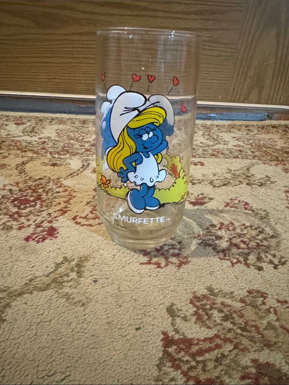 VTG 1982 Smurfette Character Glass Cup - Blue, White, Yellow